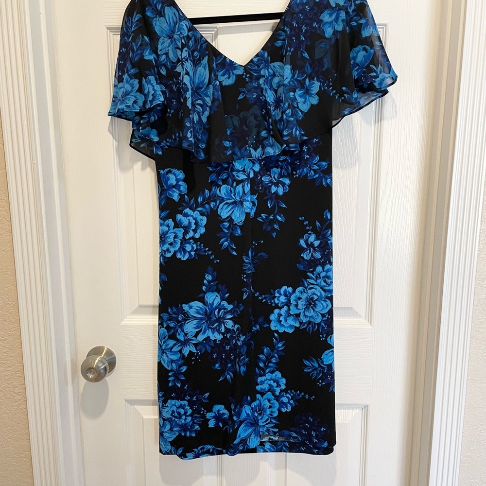 Connected Apparel Blue Flutter Sleeve Sheath Dress - Picture 5 of 6